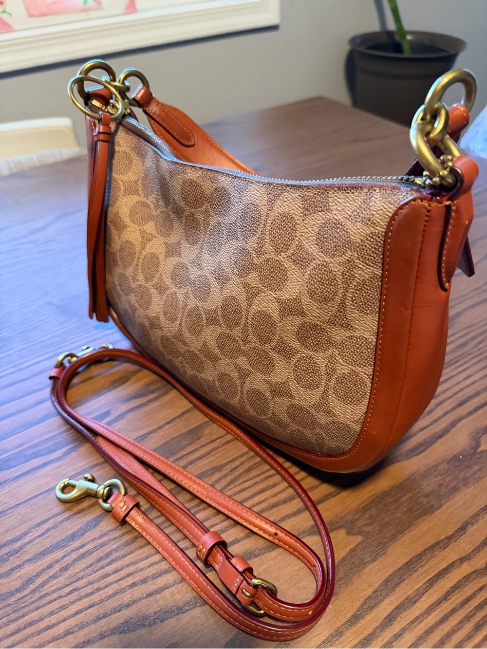 Coach Brown/Tan Canvas Shoulder Bag with Leather Trim